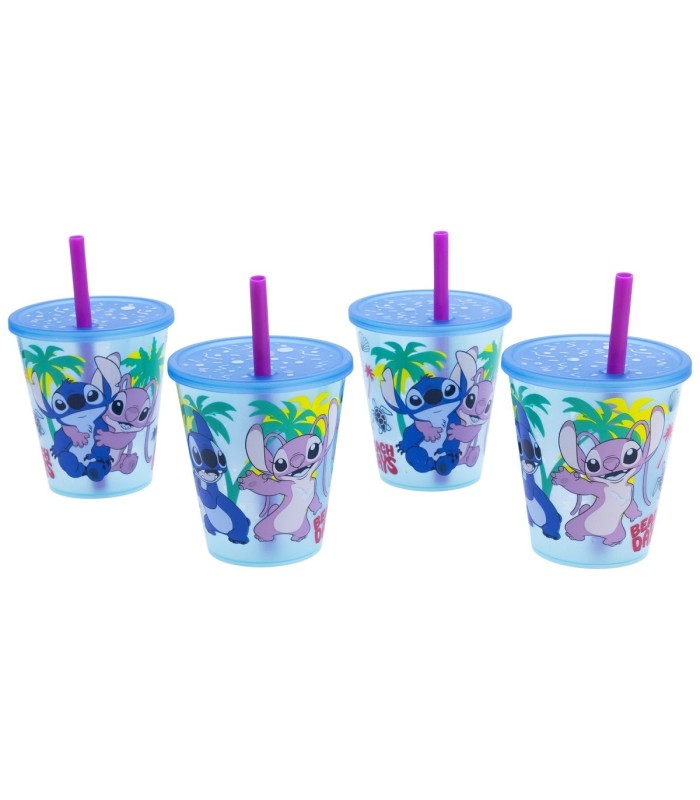 Conjunto 4 PCS Copos Infantis Stitch 285 ML com Palhinha