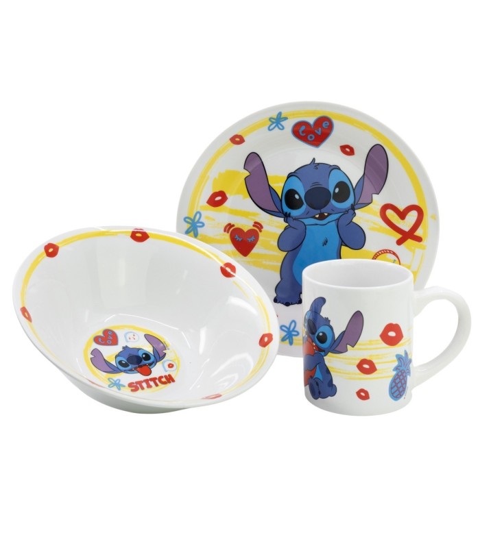 Conjunto de Cerâmica Stitch Aloha (Prato, Tigela, Caneca)