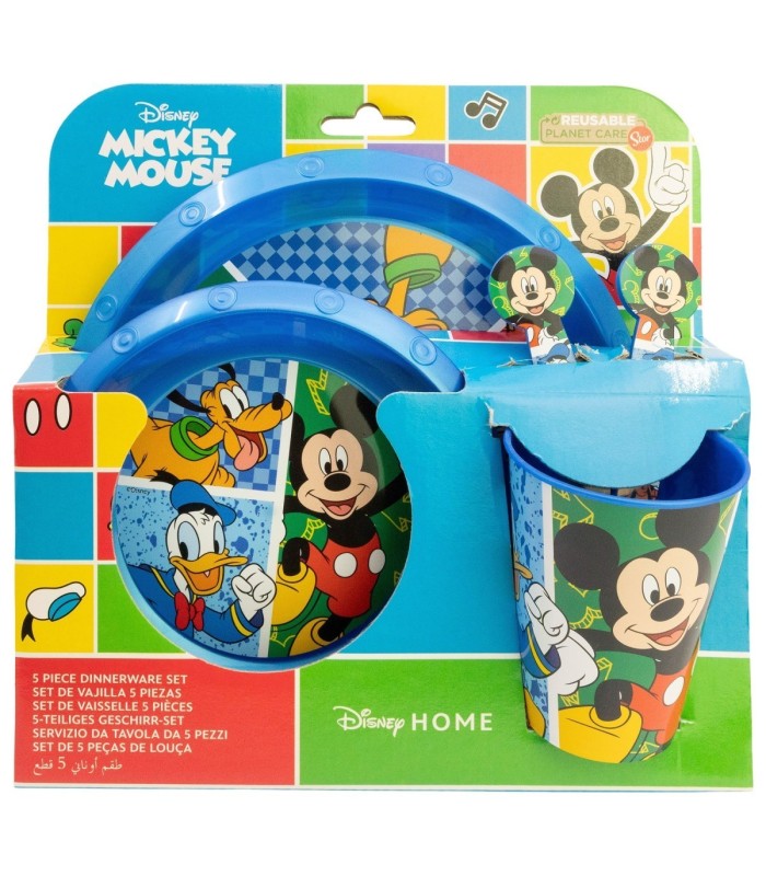 Conjunto Infantil 5 PCS (Prato, Tigela, Copo e Talheres) Mickey