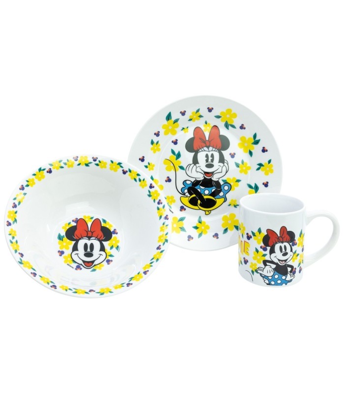 Conjunto de Cerâmica Minnie Mouse (Prato, Tigela, Caneca)