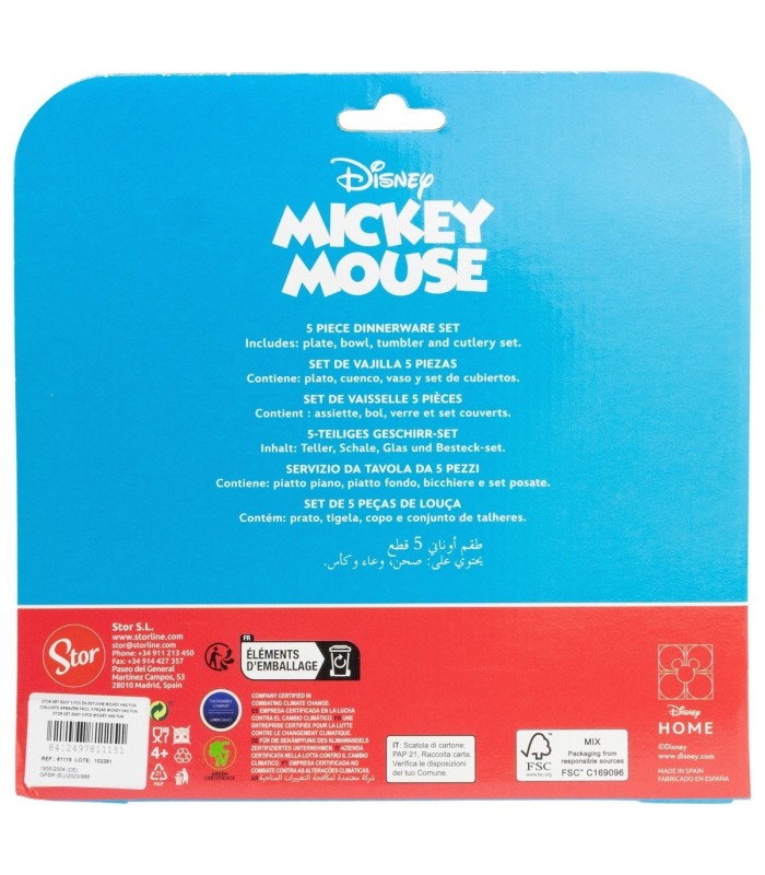 Conjunto Infantil 5 PCS (Prato, Tigela, Copo e Talheres) Mickey