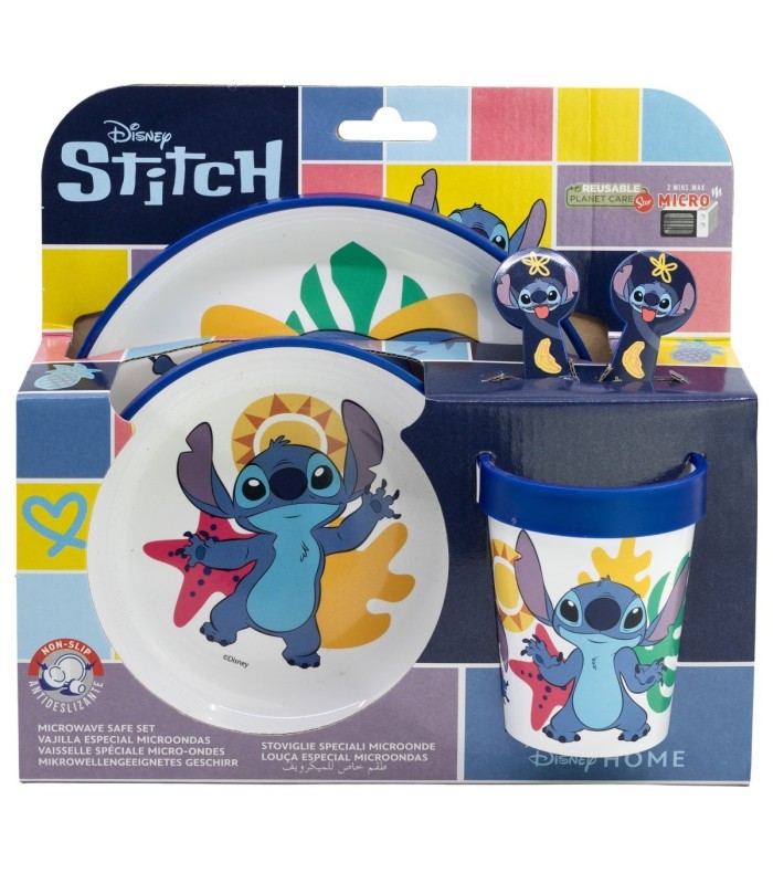Conjunto 5 PCS Antideslizante Stitch (Prato, Tigela, Copo e Talheres)