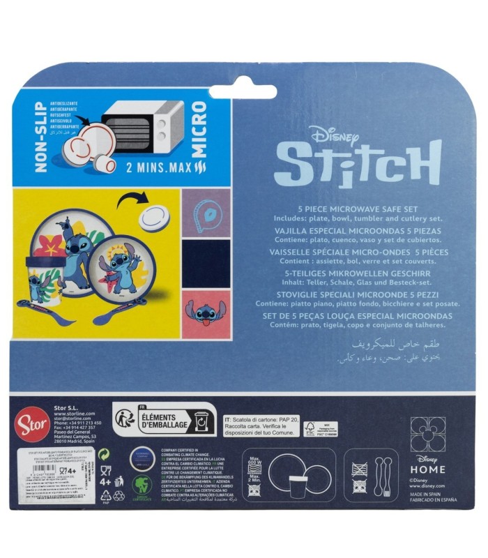 Conjunto 5 PCS Antideslizante Stitch (Prato, Tigela, Copo e Talheres)